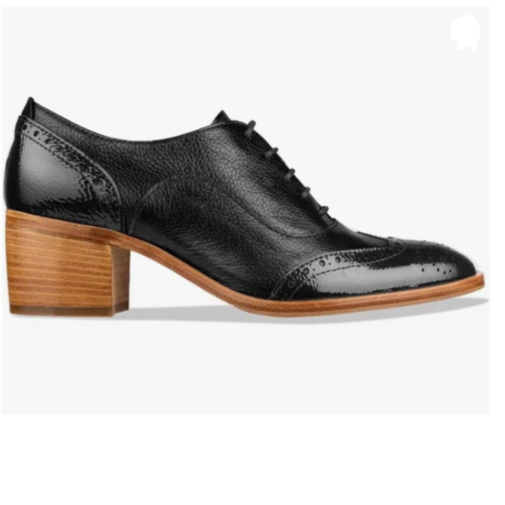 Black Women's Perforated Lace-Up Oxfords Almond Toe Mid Chunky Heel Brogues Shoe